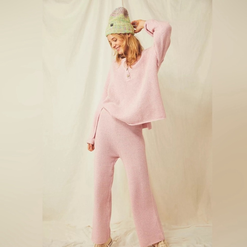 Free People Pink Waffle Knit Pajama Set
